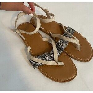 TOMS Women’s Size 9 Strappy Flat Sandals Black White Print & Neutral Canvas